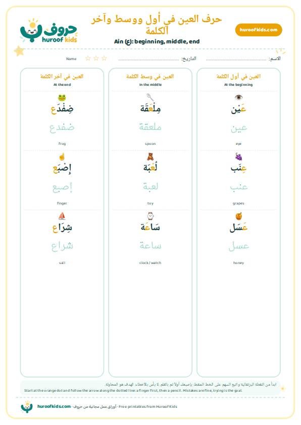 حرف العين في أول ووسط وآخر الكلمة