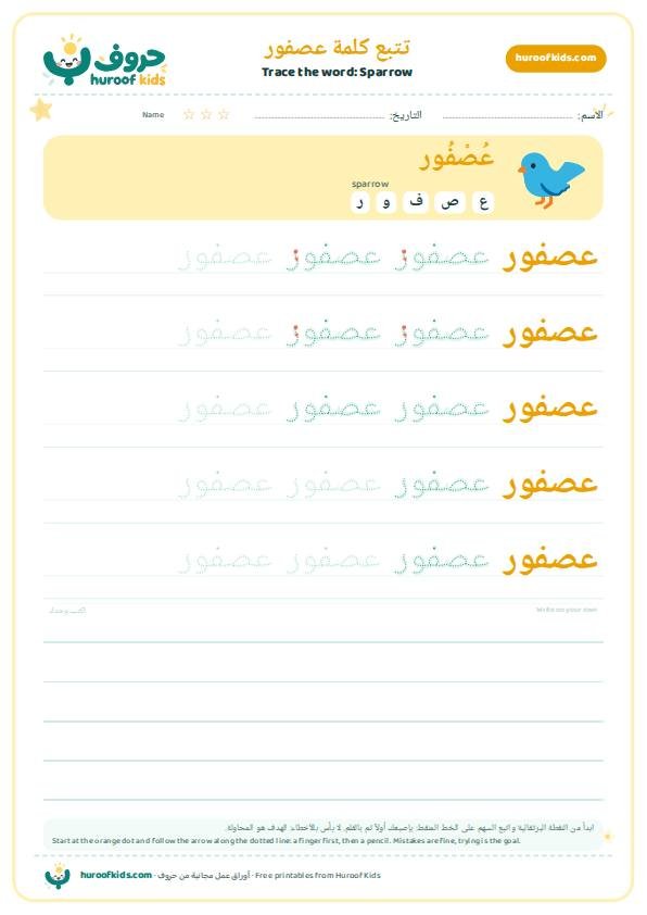 Sparrow in Arabic: عصفور – huroofkids.com