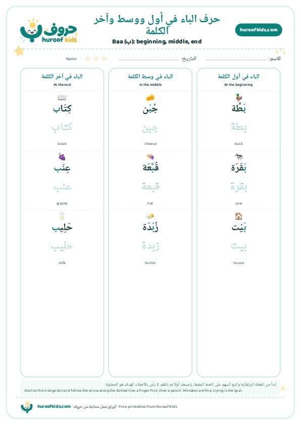 حرف الباء في أول ووسط وآخر الكلمة