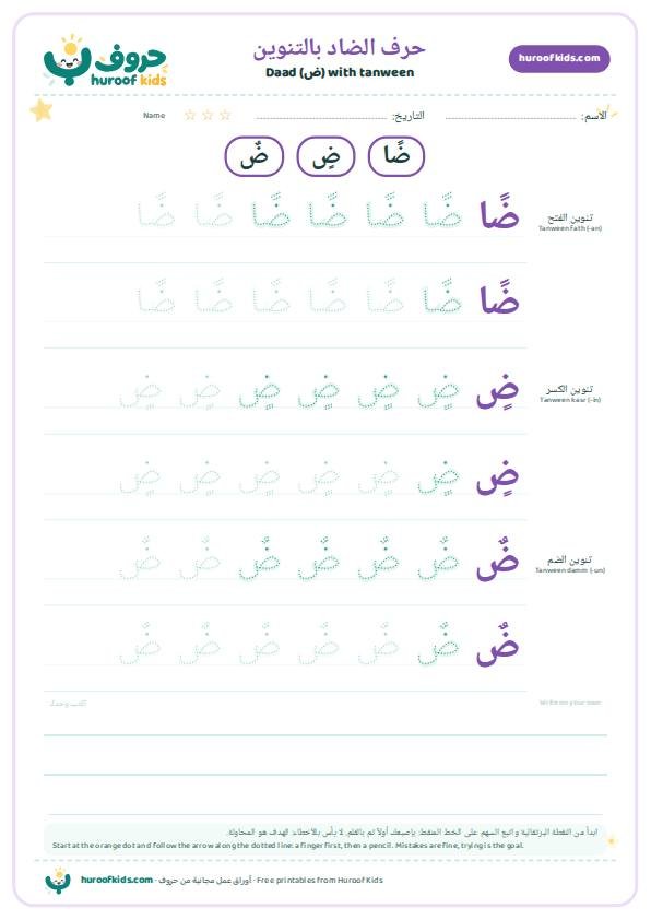 حرف الضاد بالتنوين: ضًا ضٍ ضٌ