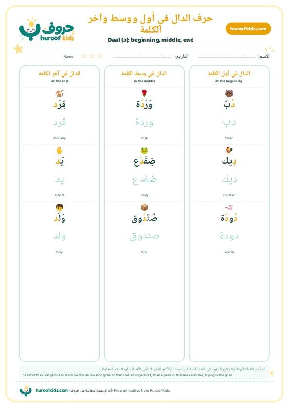 حرف الدال في أول ووسط وآخر الكلمة