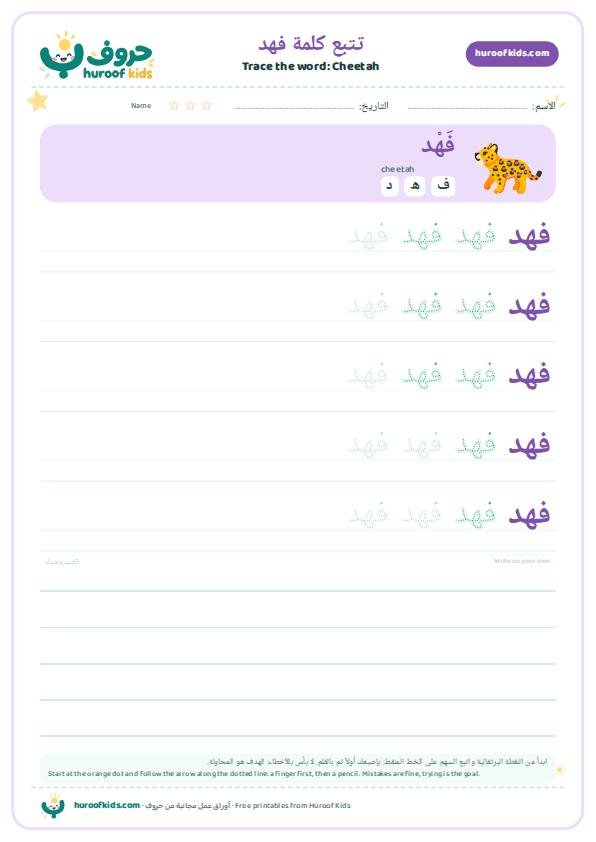 Cheetah in Arabic: فهد – huroofkids.com