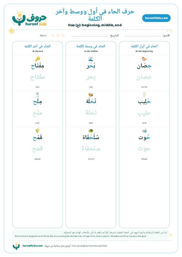 حرف الحاء في أول ووسط وآخر الكلمة