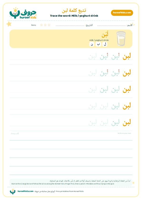 Milk / yoghurt drink in Arabic: لبن – huroofkids.com