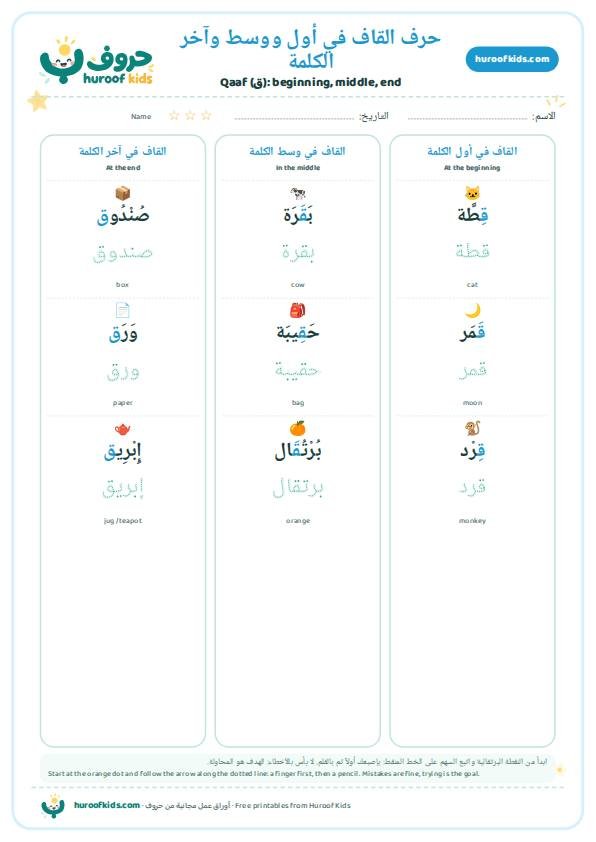 حرف القاف في أول ووسط وآخر الكلمة
