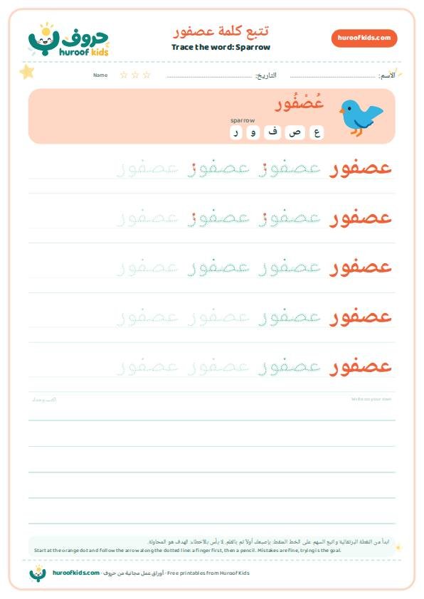 Sparrow in Arabic: عصفور – huroofkids.com