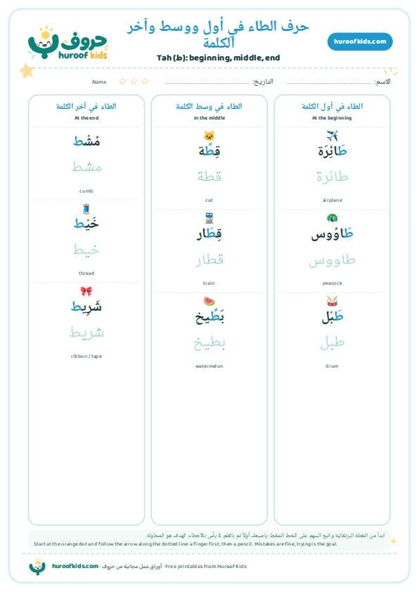 حرف الطاء في أول ووسط وآخر الكلمة
