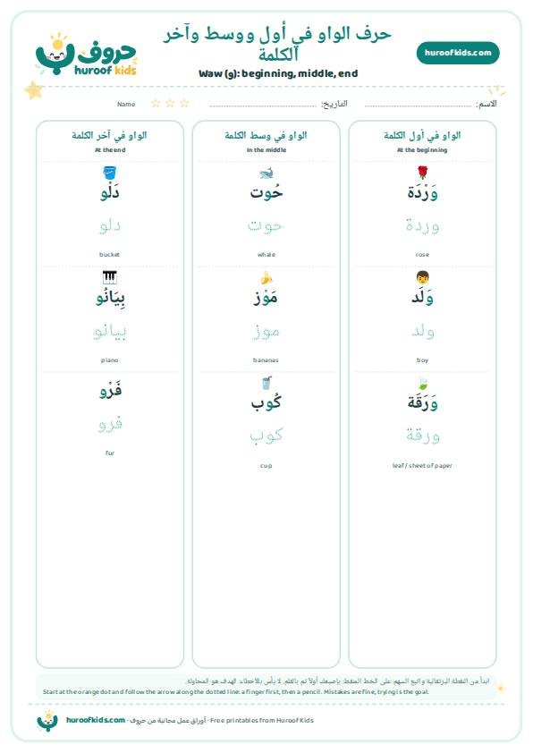 حرف الواو في أول ووسط وآخر الكلمة