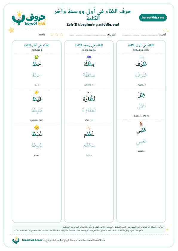 حرف الظاء في أول ووسط وآخر الكلمة