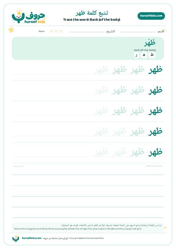 Back (of the body) in Arabic: ظهر – huroofkids.com
